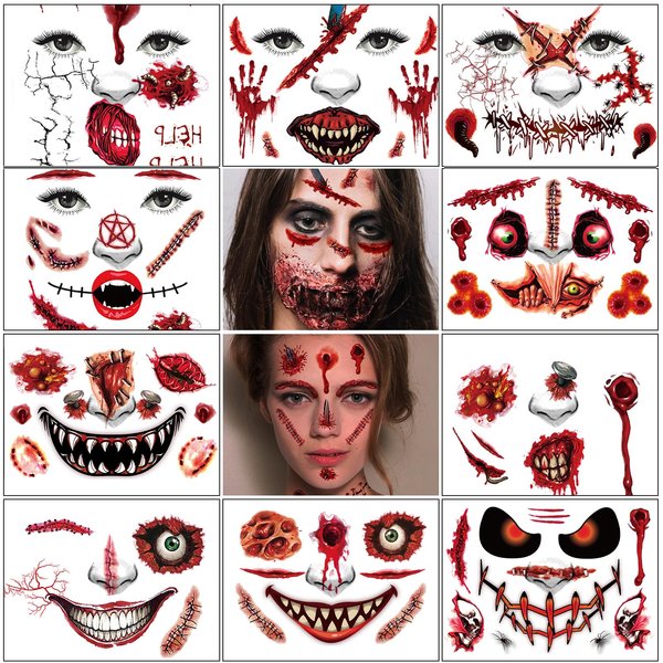 HOSAILY 17PCS Halloween Temporary Horror Scary Big Mouth Tattoo Stickers Props Makeup Costume Scare Wound Blood Injury 3d Face Tattoo Sticker Clown Zombie Halloween Decor Cosplay Party Makeup