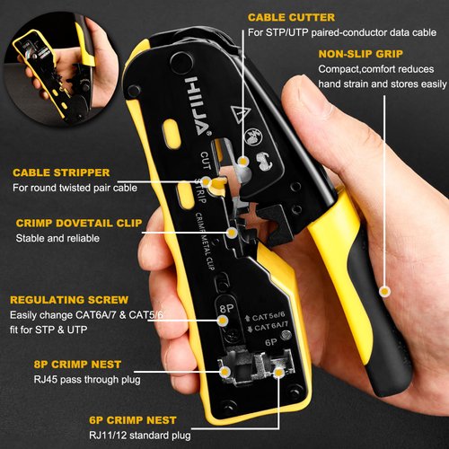 Hiija RJ45 Crimp Tool Kit Pass Through Ethernet Crimper Kit All-in-one Ratcheting Modular Data Cable Crimper Kit