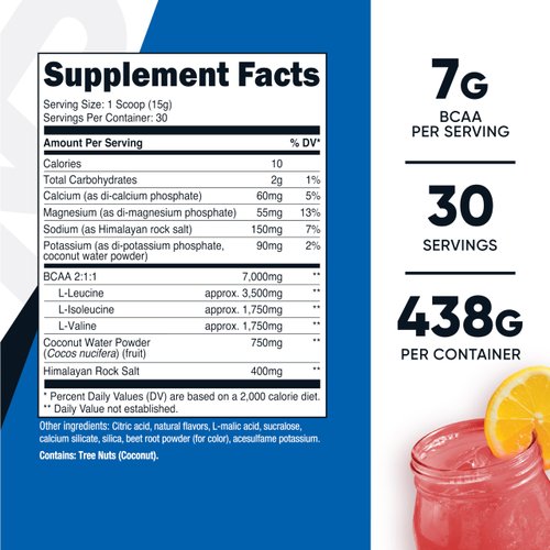 Nutricost BCAA + Hydration Powder (Raspberry Lemonade) 30 Servings - Branched Chain Amino Acids with Hydration Complex - Gluten-Free, Non-GMO