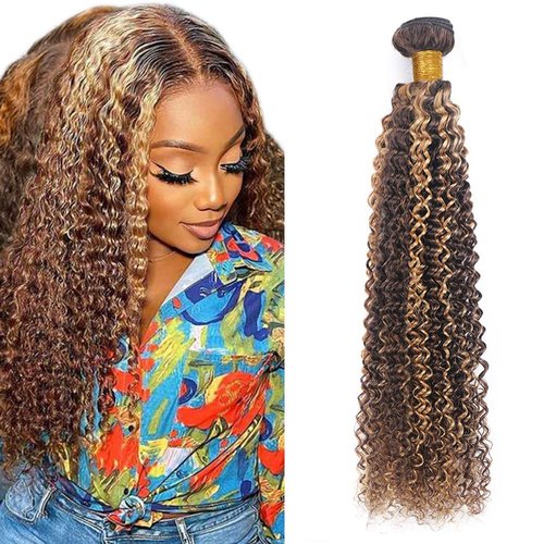P4/27 Highlight Curly Wave Bundle Human Hair Kinky Curly Brown and Honey Blonde Bundle 100% Unprocessed Brazilian Virgin Hair Extensions Tow Tone Hair Bundle Piano Color 20 Inch