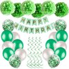 Green Birthday Party Decorations Kit - Happy Birthday Banner, Spiral Charm，Paper Flower Ball, Latex Balloon and Confetti Balloons for Girls Boys Birthday Party Supplies