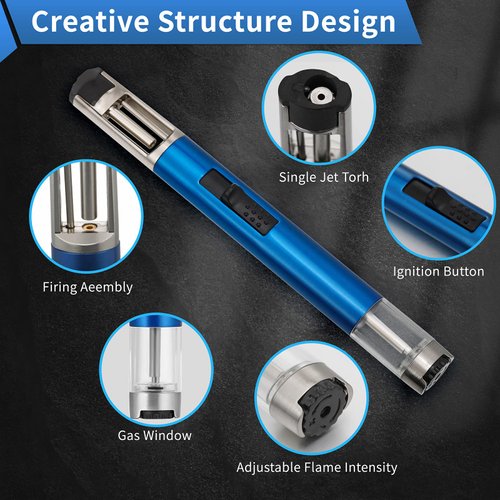 1300 ℃ Jet Torch Lighter Pen Style Adjustable Flame Refillable Gas Cigar Cigarette Lighter Fire Starter with Visible Gas Window,Blue