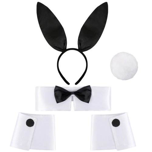 Sexy Bunny Costume Set, Women's Bunny Ears and Tail Set with Bow Tie Collar Cuffs, Rabbit Ear Headband Party Halloween Bunny Ears Costume Adult