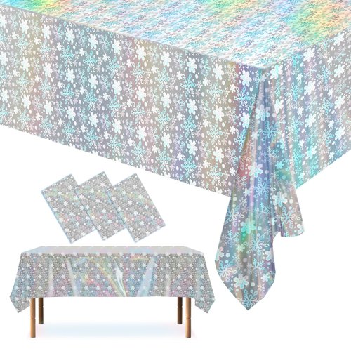 KJQJLY 3 Pcs Frozen Tablecloth Winter Snowflake Tablecloth Decorations Silver Frozen Plastic Table Cloths for Winter Holiday Birthday Christmas Frozen Party Decorations 54x108 Inch