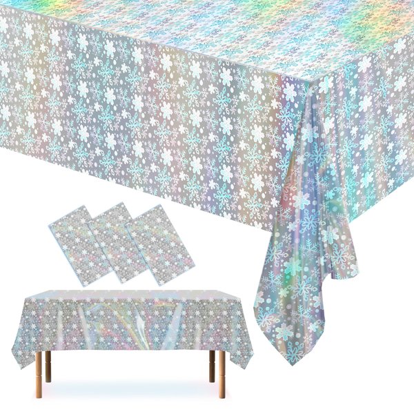 KJQJLY 3 Pcs Frozen Tablecloth Winter Snowflake Tablecloth Decorations Silver Frozen Plastic Table Cloths for Winter Holiday Birthday Christmas Frozen Party Decorations 54x108 Inch