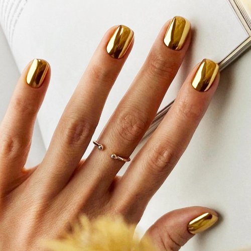 Gold Press on Nail Square Fake Nail Glue on Nail Gold Mirror Nail Design Artificial False Nails Short for Women Girls Stick On Nail for Acrylic Nails