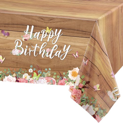 Floral Happy Birthday Tablecloths Cute Butterfly Wood Grain Table Cover Flower Disposable Tablecover/Party Decor for Girls Birthday Party Supplies, 54 x 108 Inch (3 Pcs)