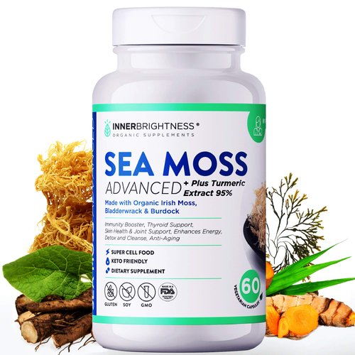 Inner Brightness 1500mg Organic Irish Sea Moss Capsules Max Absorption + 95% Turmeric Curcumin with Bladderwrack and Burdock Root, Vegan Keto Raw Non-GMO Cell Food, Immune Support 60 Pills