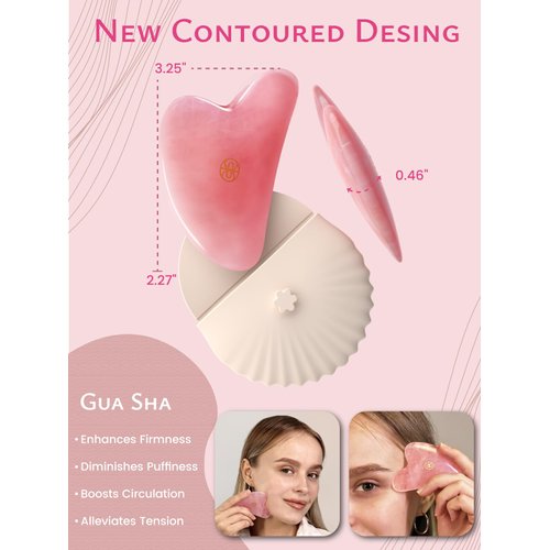 Rena Chris Gua Sha Facial Tools-Fuller, Ergonomic Rose Quartz Jade Gua Sha Stone for Face Massage,Jawline Sculpting and Puffiness Reducing, Skin Care Massager(Pink)