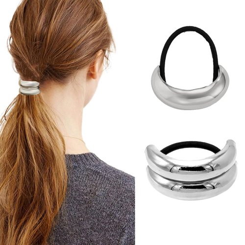 BESALECK Alloy Ponytail Hair Cuff Geometric Hollow Head Wear Retro Temperament Women's Glossy Double Arch Ponytail Headband Fashion Elastic Hair Band for Hair Accessories (Silver-2Pcs)