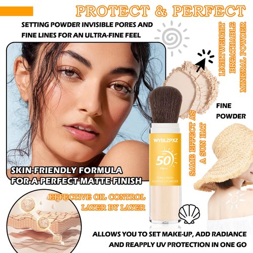 2 Pcs Mineral Sunscreen Setting Powder SPF50 PA++ for Face,Long-Lasting Oil Control Sunscreen Brush Powder,Matte Transparent Facial Powder Sunscreen,All Skin