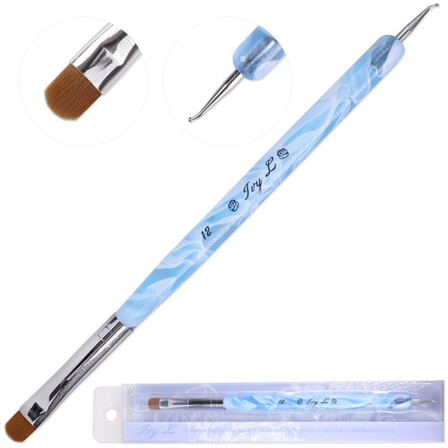 Ivy L 2- Way French Gel Acrylic Nail Art Kolinsky Brush with Dotting Tool for Professional Manicure Cuticle Clean up Nail Art Design (Size # 12, Blue Marble)