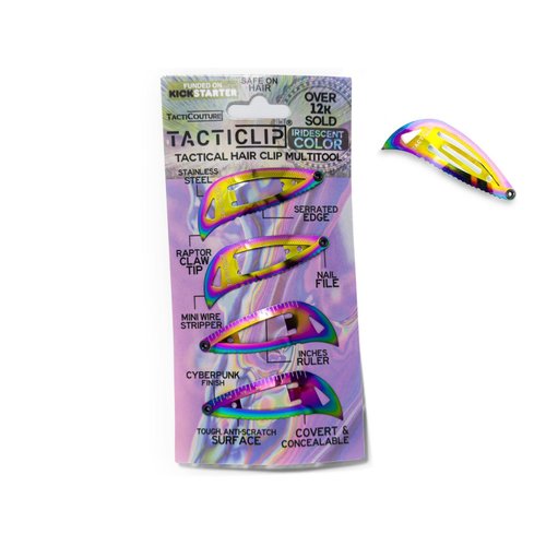 Iridescent Tactical Hair Clips 2.0, 4 Pack - Multitool Snap Barrettes - SUS301 Stainless Steel Multi-Functional Keychain Multi Tool - Nail File, Serrated Edge, Raptor Claw - Kippah Tacticlips