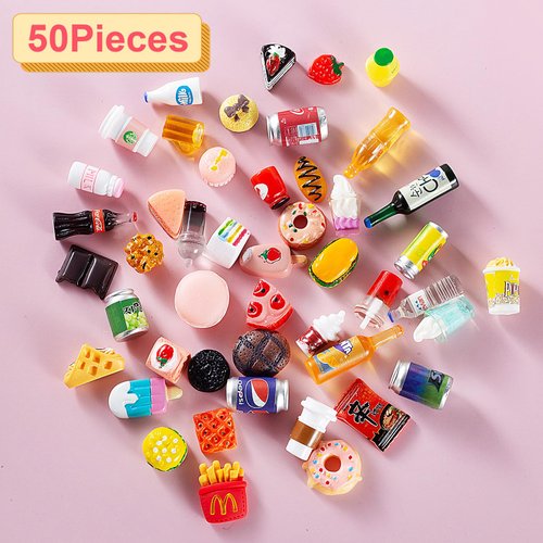 50 Pcs Miniature Food Drink Bottles Soda Pop Cans Pretend Play Kitchen Game Party Accessories Toys Hamburg Cake Ice Cream for 1/12 Doll House (25Food+25Drink)