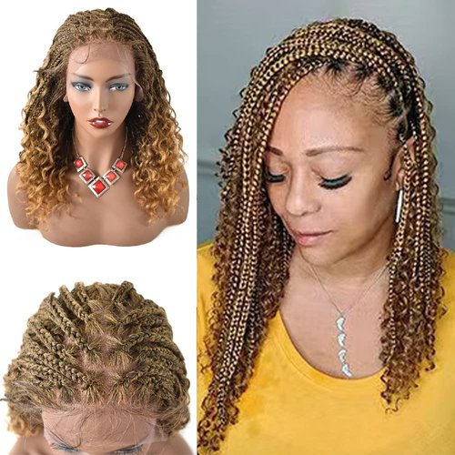 Afro Box Hand Braided Lace Front Wigs For Black Women With Baby Hair Knotless Micro Twist Braid Hair Curly Weavy African American HD Lace Frontal Braids Wig Heat Friendly Synthetic Lightweight Braiding Hair (#1B/27T #Black/Khaki T)