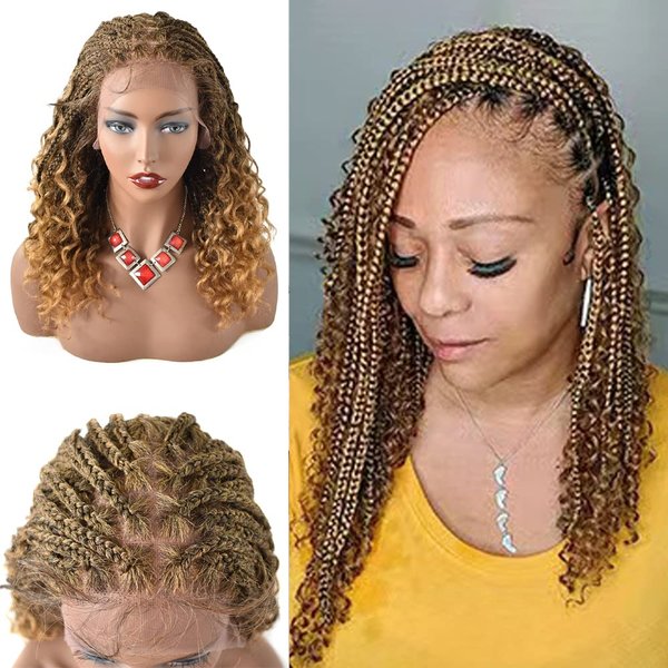 Afro Box Hand Braided Lace Front Wigs For Black Women With Baby Hair Knotless Micro Twist Braid Hair Curly Weavy African American HD Lace Frontal Braids Wig Heat Friendly Synthetic Lightweight Braiding Hair (#1B/27T #Black/Khaki T)