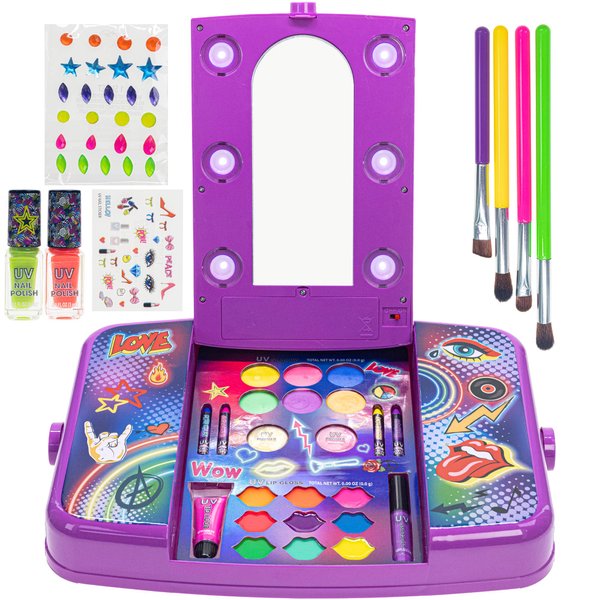 Townley Girl UV Cosmetic Vanity Makeup Set w/Blacklight Includes UV Lip Gloss, UV Shadow, UV Nail Polish, UV Tattoos, UV Gems, Brushes, & More! for Girls, Perfect for Parties, Sleepovers & Makeovers
