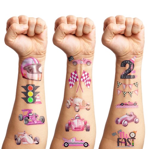 100 PCS Pink Race Car Temporary Tattoos Birthday Party Decorations Supplies Favors Pink Two Fast One 1st Hot Pink Checkered Decor Stickers Gifts For Game Boys Girls Classroom School Prizes Reward