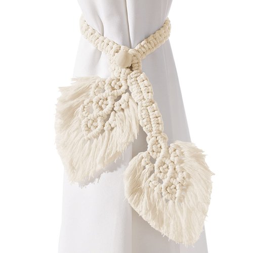 2 Pack Boho Curtain Tiebacks,Hand Knitting Cotton Curtain Holdbacks with Adjustable Natural Wooden Bead,Double Leaves Farmhouse Theme Curtain Tie Backs, for Indoor Outdoor Drapes Decorative,(Beige)
