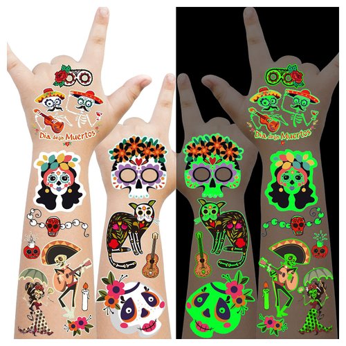 Cerlaza 12 Sheets Glow Halloween Day of the Dead Party Decorations, 100 + Luminous Temporary Tattoos for Kids Day of the Dead Party Favors Supplies, Dia De Los Muertos Decor for Boys and Girls