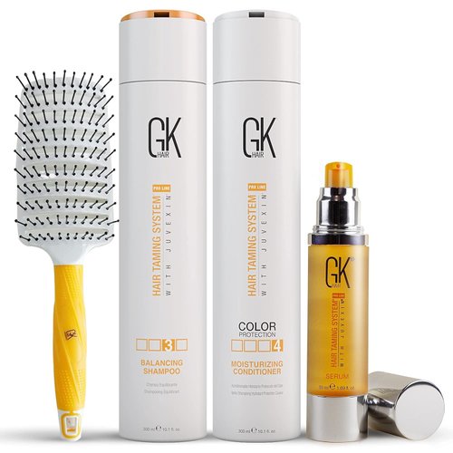 GK Hair Global Keratin Balancing Shampoo & Conditioner 300ml Set for Oily to Normal & Organic Argan Oil Serum 50ml For Frizz Control Dry Damage with Vent Brush 2.5 Inch