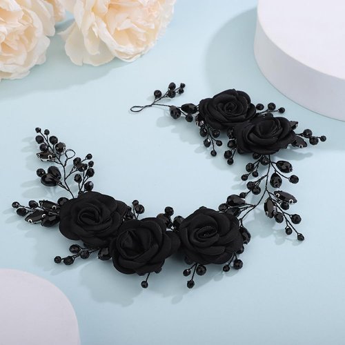 Teyglen Flower Wedding Hair Vine Bridal Black Crystal Beads Headband Vinatge Headpieces Handmade Black Rhinestone Hair Pieces Hair Accessories for Women Girl Party Prom Festival