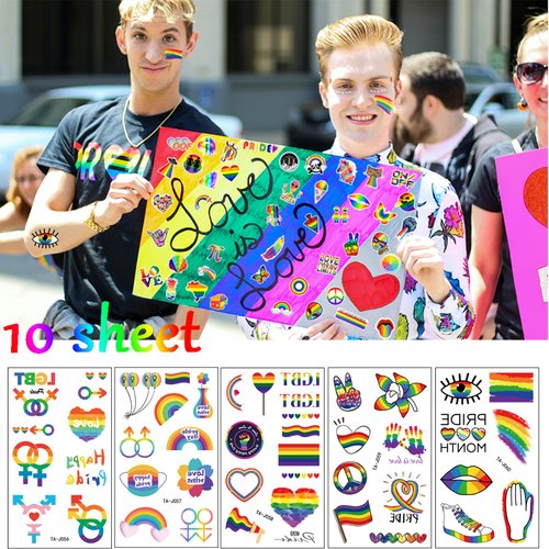 10 Sheets Gay Pride Temporary Body Tattoo Stickers Love Gradient Face Pride Rainbow for LGBT, BL,Les GL