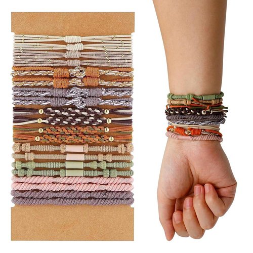 Boho Hair Tie Bracelets for Women 20 Pcs Cute Hair Ties 5 Styles Boho Bracelets Hair Ties for Thin Thick Hair Ponytail Hair Accessories with Beads Hair Elastic No Damage, 10 Colors
