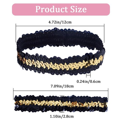 GORGECRAFT 10Pcs Sequin Headband Sparkling Wide Headband Elastic Glow Stretch Sparkle Glitter Fashion Adjustable Hair Band Accessories for Women Sports Dance Party Teams Store, Black-Gold Stitching