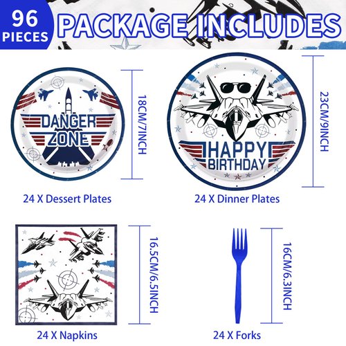 96 PCS Fighter Jet Pilot Birthday Party Decorations 350 GSM Military Jet Party Plates and Napkins Tableware Set Airplane Birthday Party Decorations for Pilot Birthday Aviation Party Supplies Serves 24
