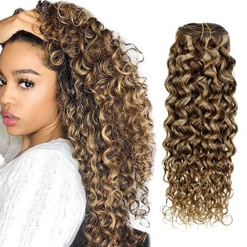 Hetto Curly Clip in Hair Extensions Dark Brown Highlight Medium Blonde P4/27 Natural Wavy Clip in Curly Hair Extensions 18 Inch 7pcs 105g +20g