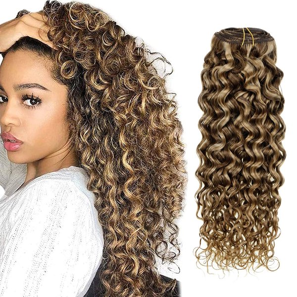 Hetto Curly Clip in Hair Extensions Dark Brown Highlight Medium Blonde P4/27 Natural Wavy Clip in Curly Hair Extensions 18 Inch 7pcs 105g +20g