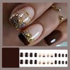 Brown French Tip Press on Nails Short Square Glitter Brown Fake Nails Short Brown False Nails with Designs Gold Nail Tips Nude False Nails Glitter French Tip Short Artificial Nails for Women and Girls
