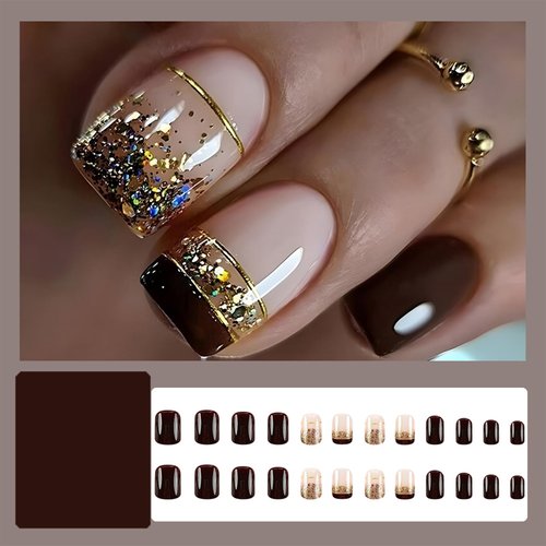 Brown French Tip Press on Nails Short Square Glitter Brown Fake Nails Short Brown False Nails with Designs Gold Nail Tips Nude False Nails Glitter French Tip Short Artificial Nails for Women and Girls