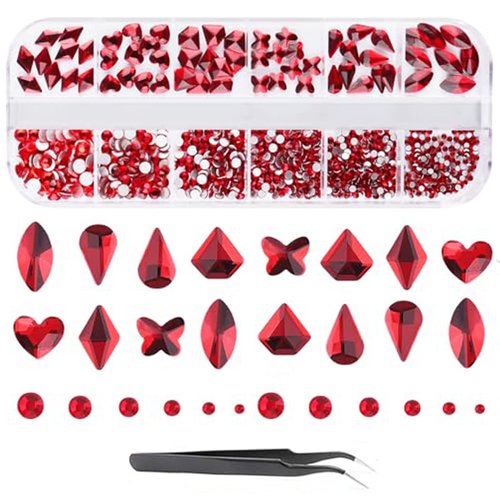 EBANKU Red Nail Rhinestones Hearts Butterfly Round Shaped Nail Art Crystals Diamonds Flat Back Rhinestones 3D Diamond Stone Nail Gems with Tweezers for Halloween Christmas Valentine's Day
