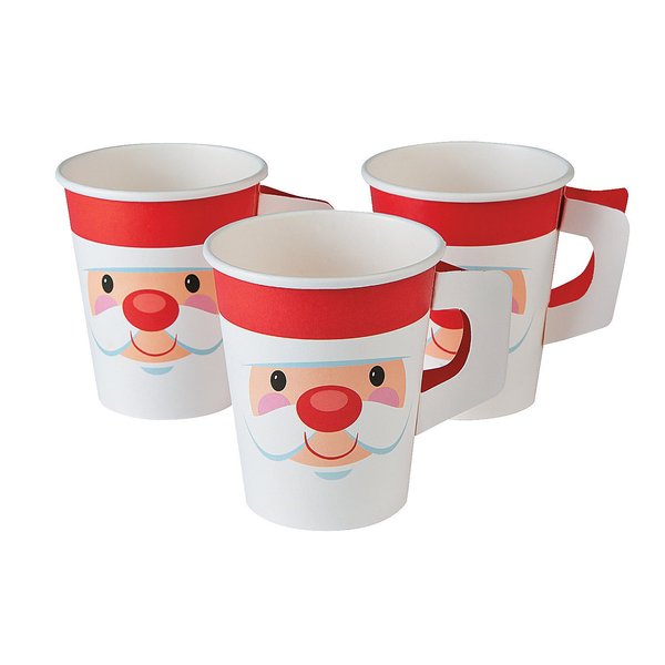 Cheery Christmas Santa Hot/Cold Paper Cups w/Handles (8 pieces, 9 oz cups) Holiday Party Supplies, Drinkware