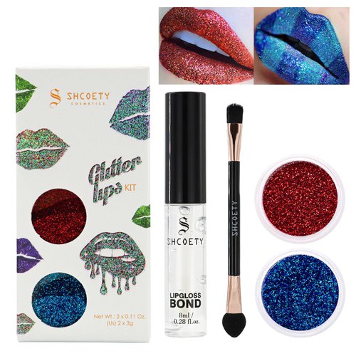 DLZZRS 2 Colors Glitter Lip Gloss Kit,Diamond Shimmer Metallic High Pigmented Powder for Lips Cosmetics,Glitter Lips Makeup + Lip Primer and Brush, Long Wear,Transfer Proof Smudge-proof Lip Set(SET D)
