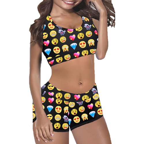 TOP HERE Women's 2 Piece Bandage Sporty Bathing Suit Scoop Neck Boyshorts Bikini Swimsuit(Emoj,XXL)