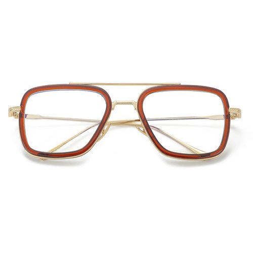 JOVAKIT Tony Stark Style Blue Light Blocking Glasses for Men Women, Iron Man and Spider-Man Retro Metal Frame Eyeglasses (Brown Frame/Gold Temples)