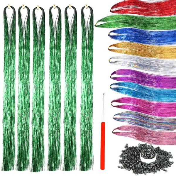 Green Tinsel Hair Extensions with Tools 6 Packs 1380 Strands 44 Inch Hair Extension Tinsel Kit for Women and Girls Sparkling Shiny Colorful Hair Extensions for Christmas and Parties (44 Inch, green)