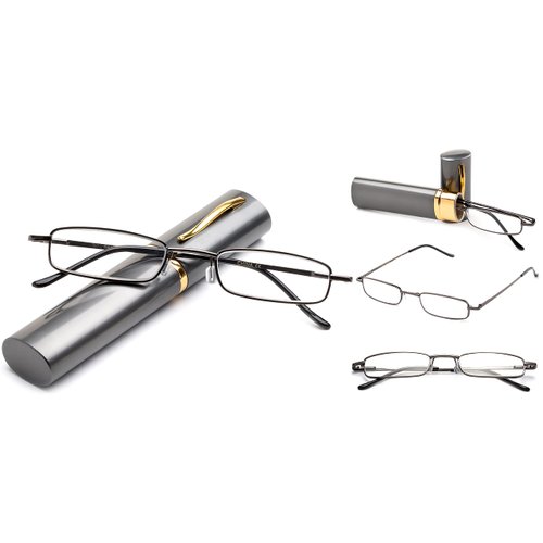 3 Packs "Pocket" Readers Ultra Compact Spring Temple Reading Glasses w/Portable Pocket Clip Aluminum Case Gunmetal +3.50