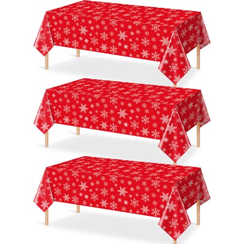 Jectivs 3 Pieces Christmas Snowflake Plastic Party Tablecloth Decorations,White Snowflake Red Xmas Backdrop Sign Table Cover Banner for Winter Christmas Holiday Party Supplies,54x108 inch (Red)
