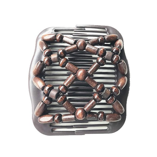 Lovef Women Magic Hair Combs Wood Beaded Stretch Double Side Combs Clips Bun Maker Hair Accessories (bead coffee 1)