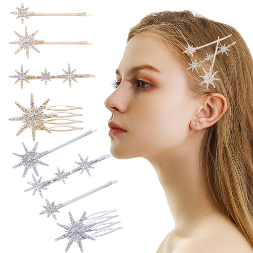 8Pcs Star Rhinestone Hair Clips Bling Gold Silver Crystal Bridal Hair Pins Hair Combs Glitter Jewelry Hair Accessories for Women Girls Wedding Headpiece