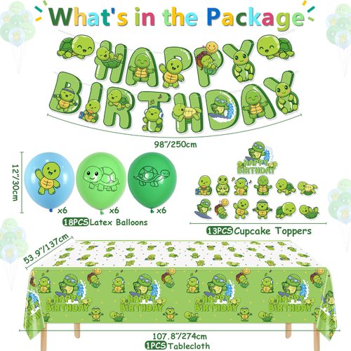 Turtle Party Decorations - Including Turtle Balloons, Happy Birthday Banner, Cake Topper, and Green Tablecloth for Under the Sea Party Decorations Turtle Birthday Party Supplies