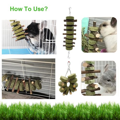 ROZJOVU Rabbit Guinea Pig Bunny Chew Toys for Teeth Grinding Cage Hanging Toy Organic Rabbit Treats for Bunny Chinchillas Hamsters(Bamboo+Apple Sticks+Alfalfa Cakes+Timothy Hay) (2 PCS)