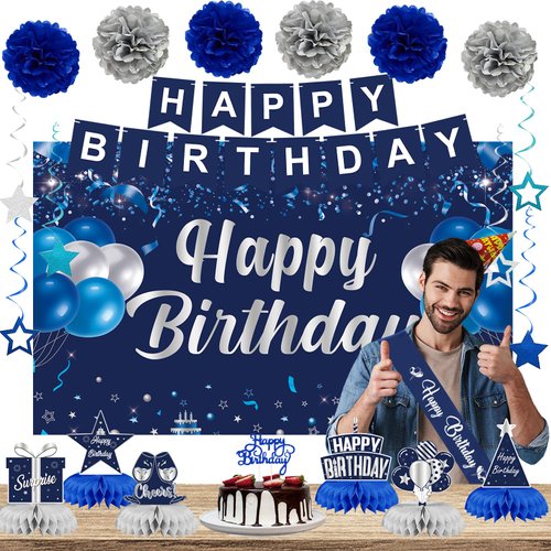 Trgowaul Happy Birthday Decorations for Men Women, 22 PCS Blue Birthday Set, Navy Blue Birthday B...
