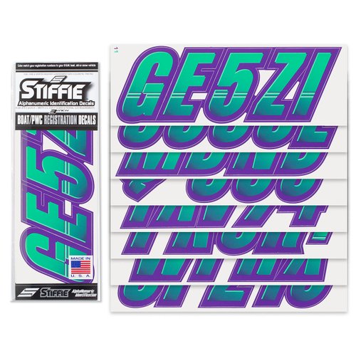 STIFFIE Techtron Seafoam Green/Purple 3" Alpha-Numeric Registration Identification Numbers Stickers Decals for Boats & Personal Watercraft