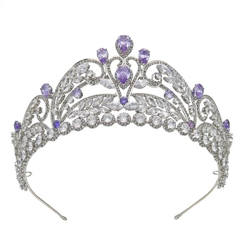 Light Purple Quinceanera Crowns and tiaras lavender Sweet 16 Birthday Crowns for Girls Cubic Zirconia CZ Wedding Headpiece Silver Hair Accessories