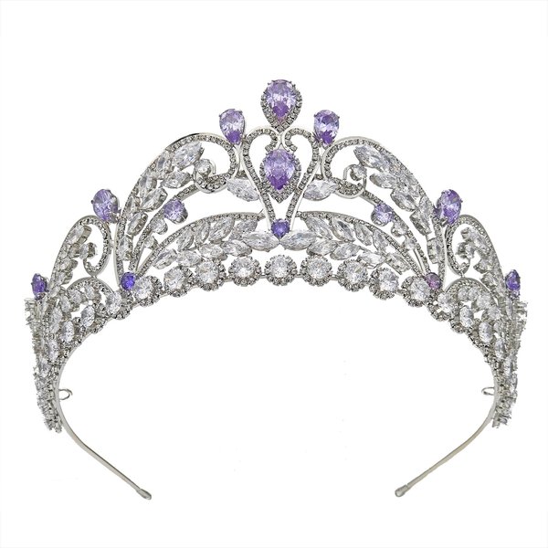 Light Purple Quinceanera Crowns and tiaras lavender Sweet 16 Birthday Crowns for Girls Cubic Zirconia CZ Wedding Headpiece Silver Hair Accessories